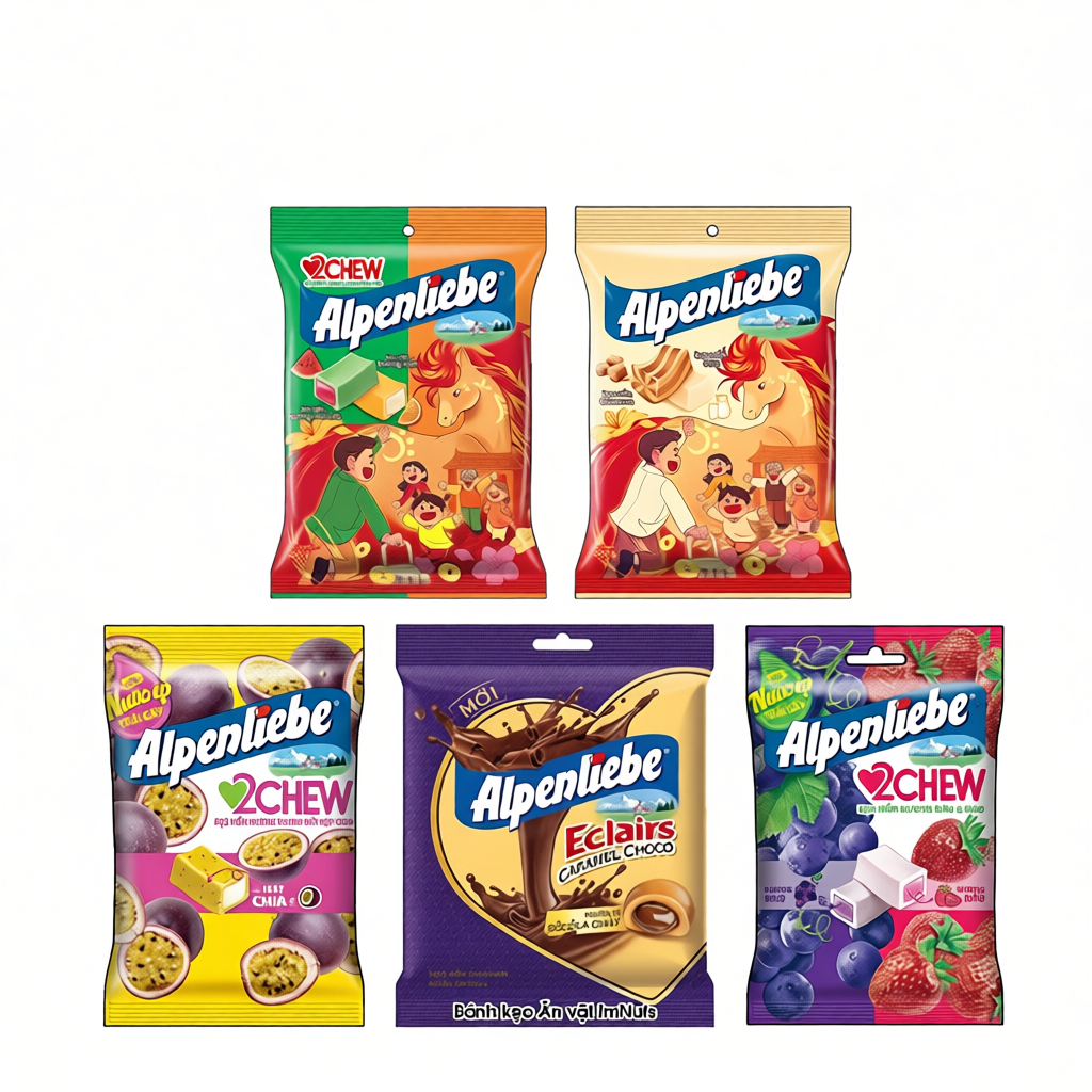 Kẹo mềm Alpenliebe 2Chew và Eclairs Caramel nhân Socola chảy gói nhỏ và gói lớn tiện lợi