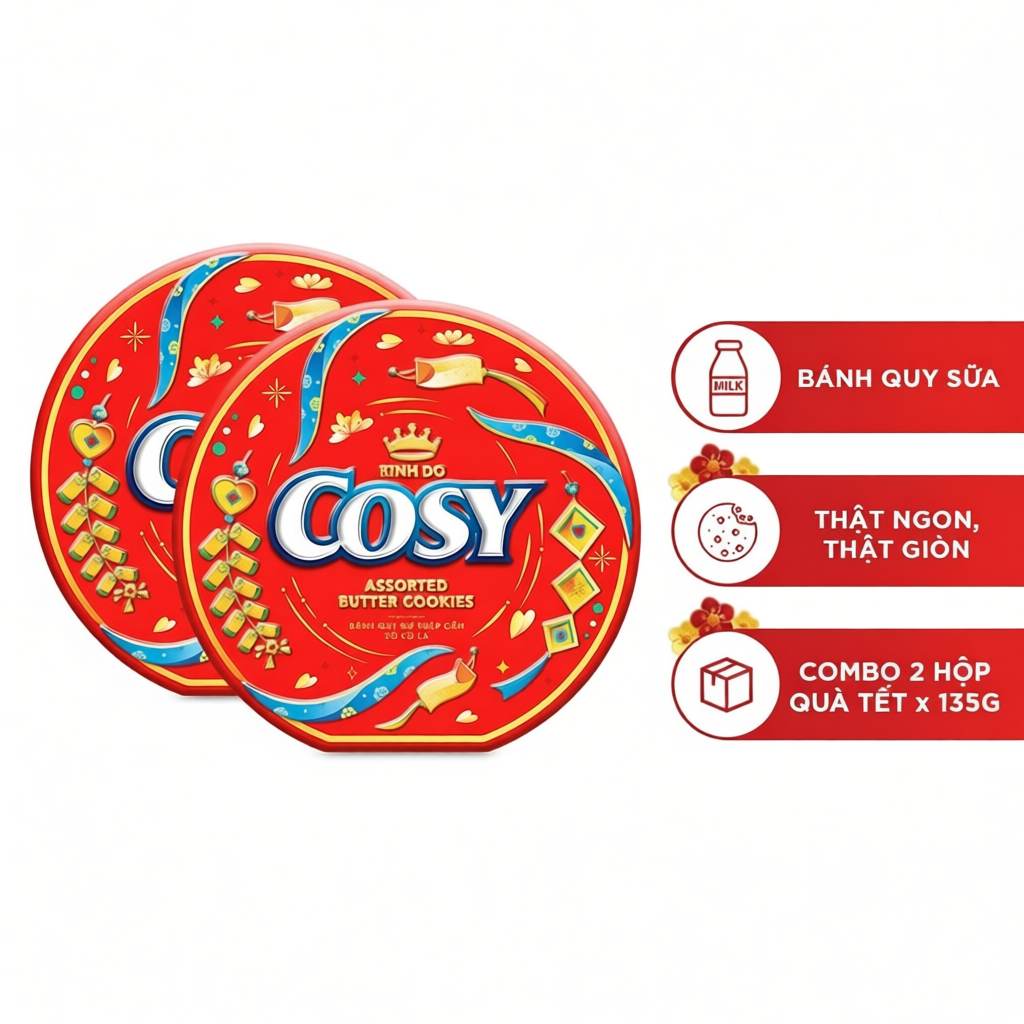 Combo 2 Hộp Thiếc Bánh Quy Cosy Tết 2026 Thập Cẩm Sôcôla 135g
