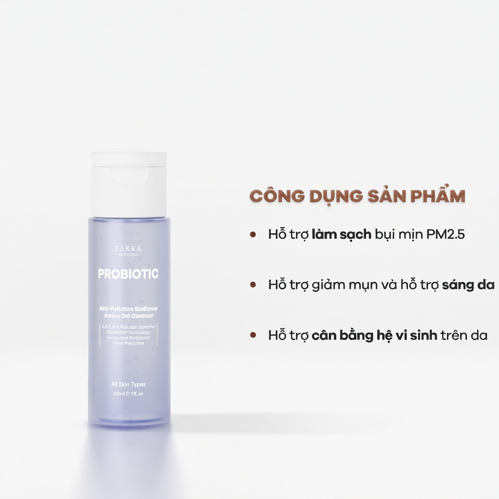 Gel Rửa Mặt Sạch Bụi Mịn Probiotic Anti-Pollution Radiance Amino Gel Zakka Naturals 30ml