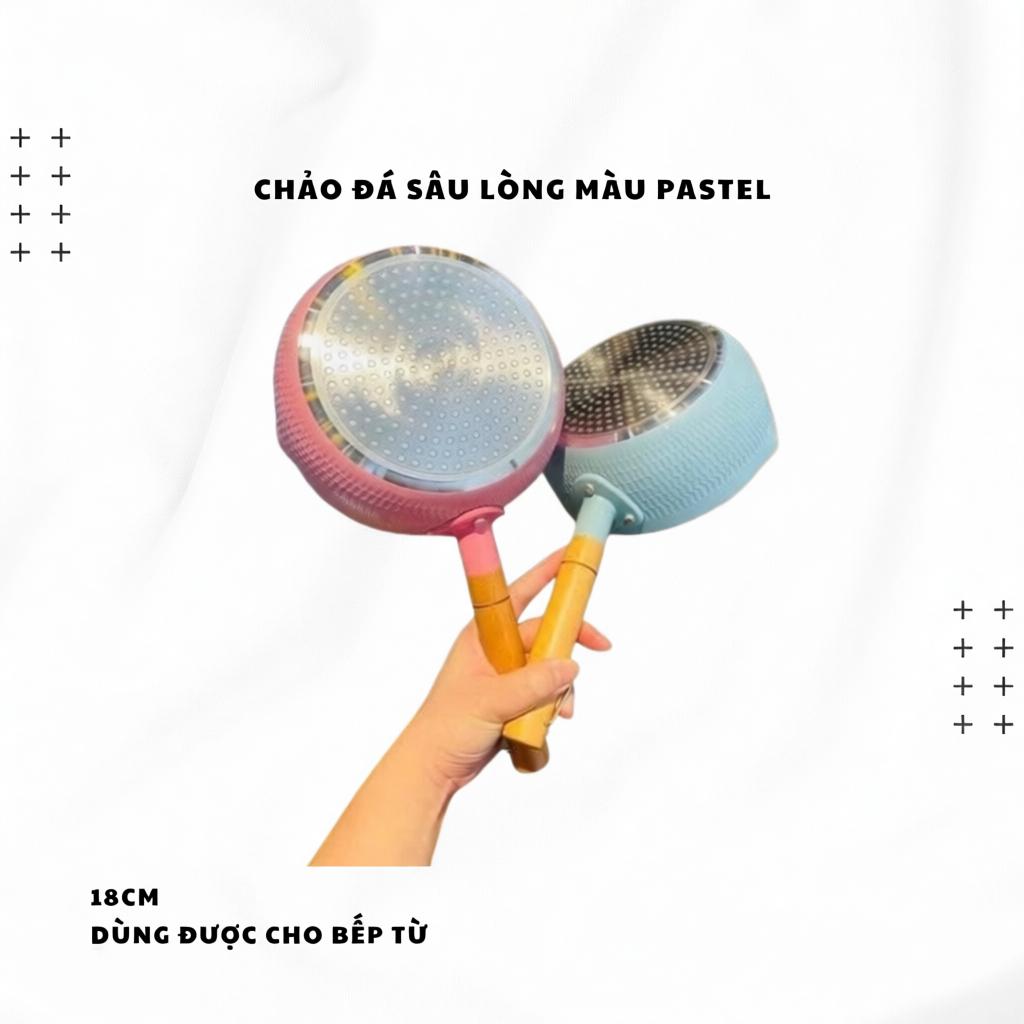 Chảo Đá Lòng Sâu 18cm Màu Pastel – Cán Gỗ Cách Nhiệt, Chống Dính & Sử Dụng Được Cho Bếp Từ