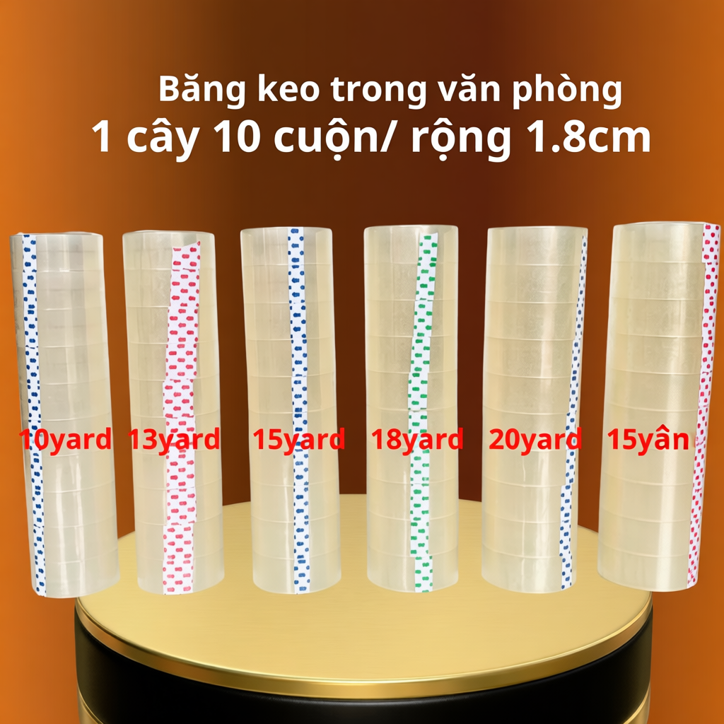 Băng keo trong văn phòng loại nhỏ, 1 cây 10 cuộn rộng 1.8cm, 10yard-13yard-15yard-18yard-20yard-25ya