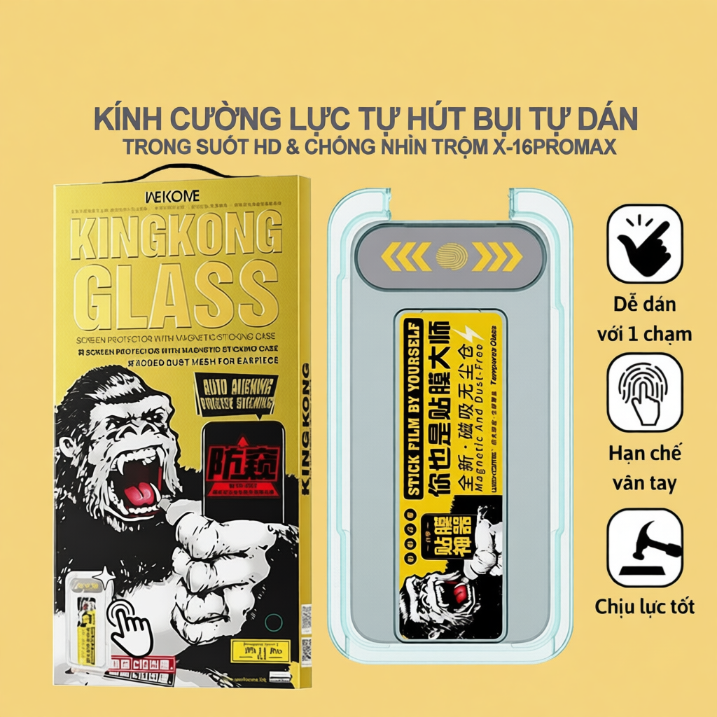 Kính cường lực KingKong tự dán iPhone Trong suốt HD hạn chế vân tay iPhone 15Promax 17 pro max 16 Pr