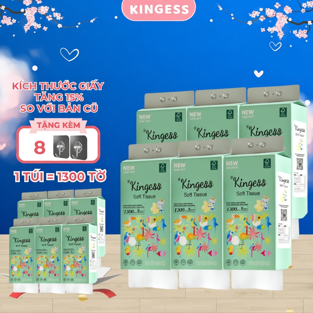 (BẢN NÂNG CẤP/THƯỜNG)Combo 6 tặng 1/12 bịch giấy rút đa năng KINGESS,giấy vệ sinh từ bột gỗ nguyên chất 1300 tờ dập vân 6D công nghệ mới