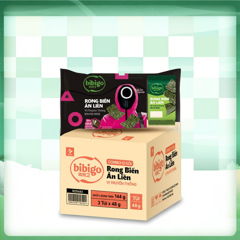 [Quà tặng] Thùng 12 lốc Rong biển lá kim ăn liền vị truyền thống Bibigo Hàn Quốc