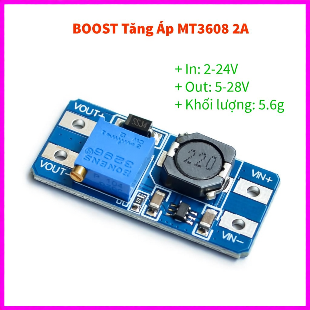 Mạch BOOST Tăng Áp MT3608 2A DC-DC - Điện Áp Vào 2V-24V Cho Ra 5V-28V
