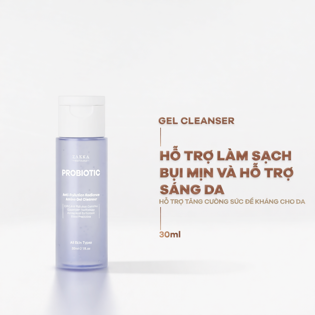 Gel Rửa Mặt Sạch Bụi Mịn Probiotic Anti-Pollution Radiance Amino Gel Zakka Naturals 30ml