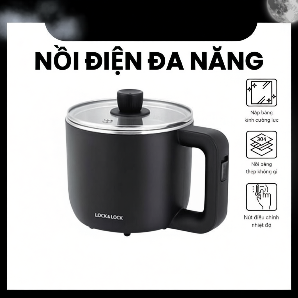 Nồi điện đa năng LocknLock 0.8L Kèm Khay Hấp Trứng, nồi lẩu mini, nấu mì EJP116BLK T2C