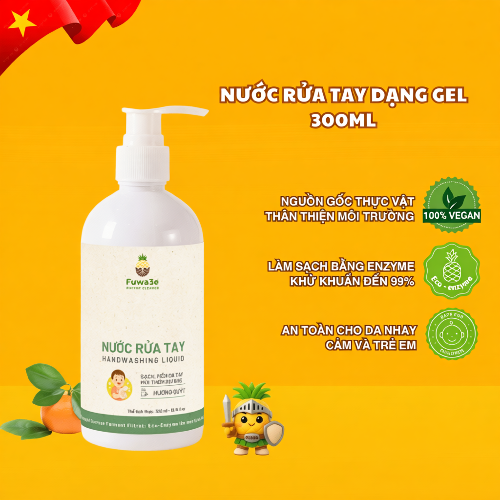 Nước rửa tay hữu cơ FUWA3E enzyme sinh học dứa 300ml/ 100ml hương quýt – An toàn cho mọi loại da