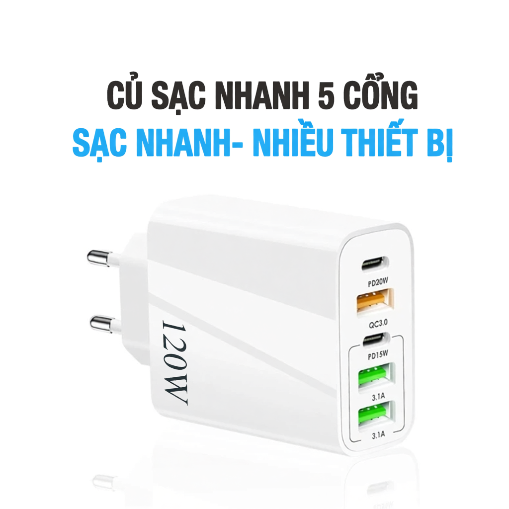 Cốc Sạc Nhanh Travel Charger 120W GaN 5-Port Fast Charger Set ( 3 USB + 2 Type C)