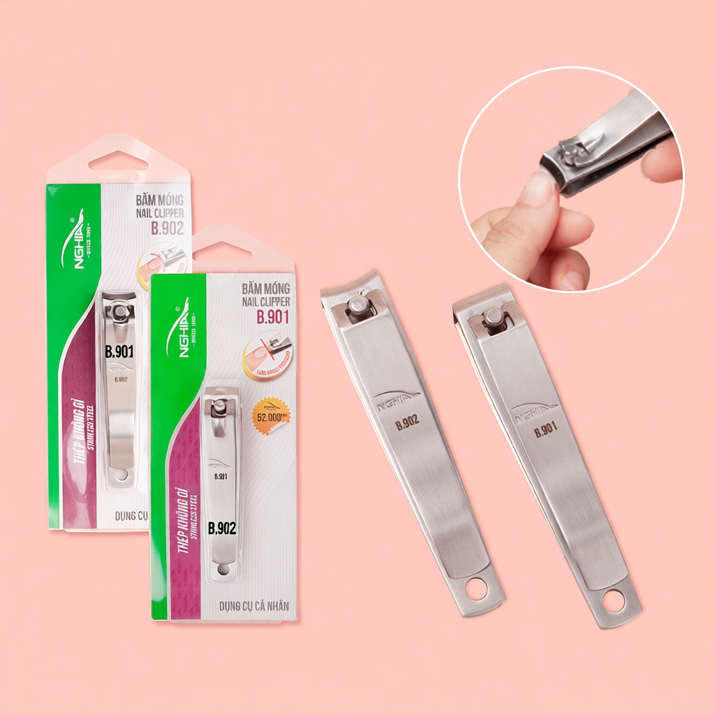 Bấm móng tay Kềm Nghĩa B901 B902 chính hãng - Bấm móng nail lưỡi cong, lưỡi bằng thép không gỉ