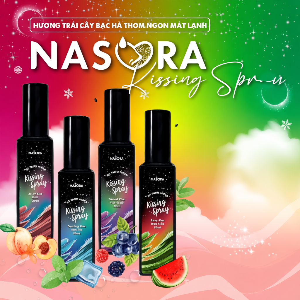 Xịt Thơm Miệng Kissing Spray Nasora 20ml Chai Mới Hương Trái Cây Kẹo Ngọt Thơm Mát Ngọt Ngào