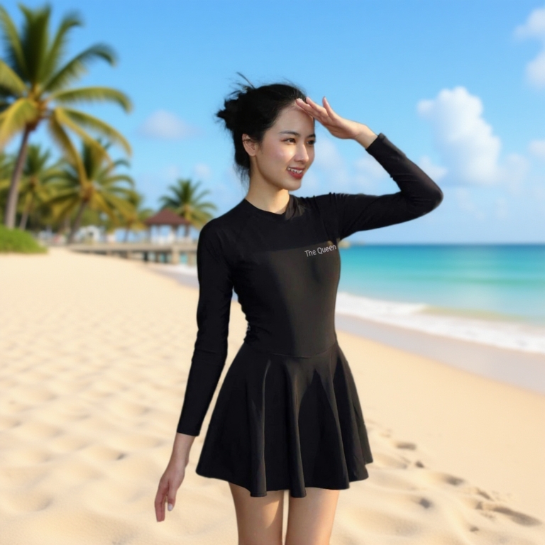 Đồ bơi liền thân nữ Bikini một mảnh kín đáo dạng váy đi biển áo tắm khóa zip tay ngắn & dài size S - 2XL The Queen 082