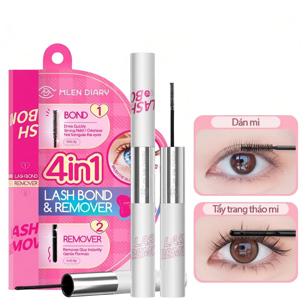 Mlen Diary Keo gắn mi giả kết hợp dung dịch tẩy keo, thiết kế đầu kép tiện lợi 4 in 1