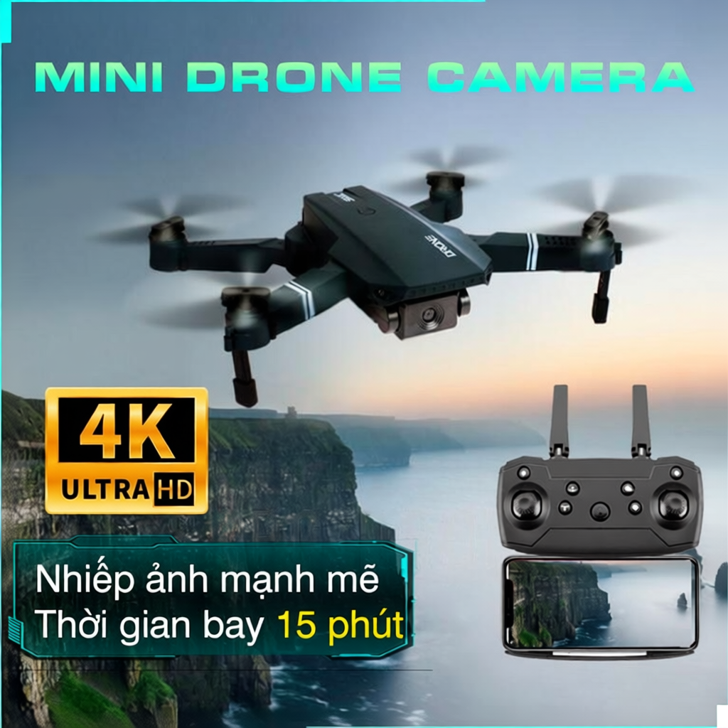 Drone E88 Pro - Camera Kép 4K, Pin Sạc Lại, Điều Khiển Từ Xa