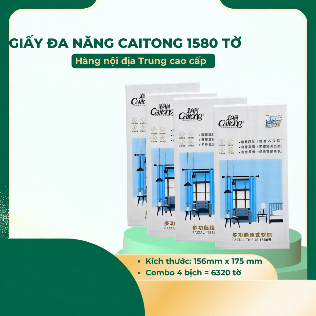 Giấy rút treo tường Caitong 1580 tờ 4 bịch - Chất liệu bột gỗ nguyên sinh, không rách khi gặp nước, giấy rút đa năng Trung Quốc