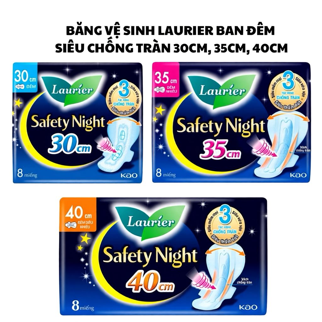 BĂNG VỆ SINH LAURIER BAN ĐÊM SIÊU CHỐNG TRÀN - 30CM/ 35CM/40CM