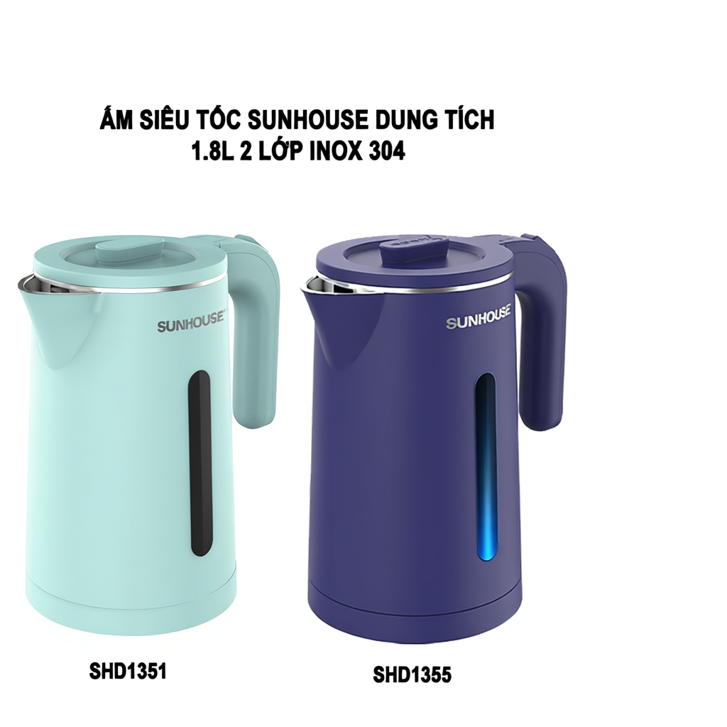 Ấm siêu tốc dung tích 1.8L 2 lớp Inox 304 Sunhouse