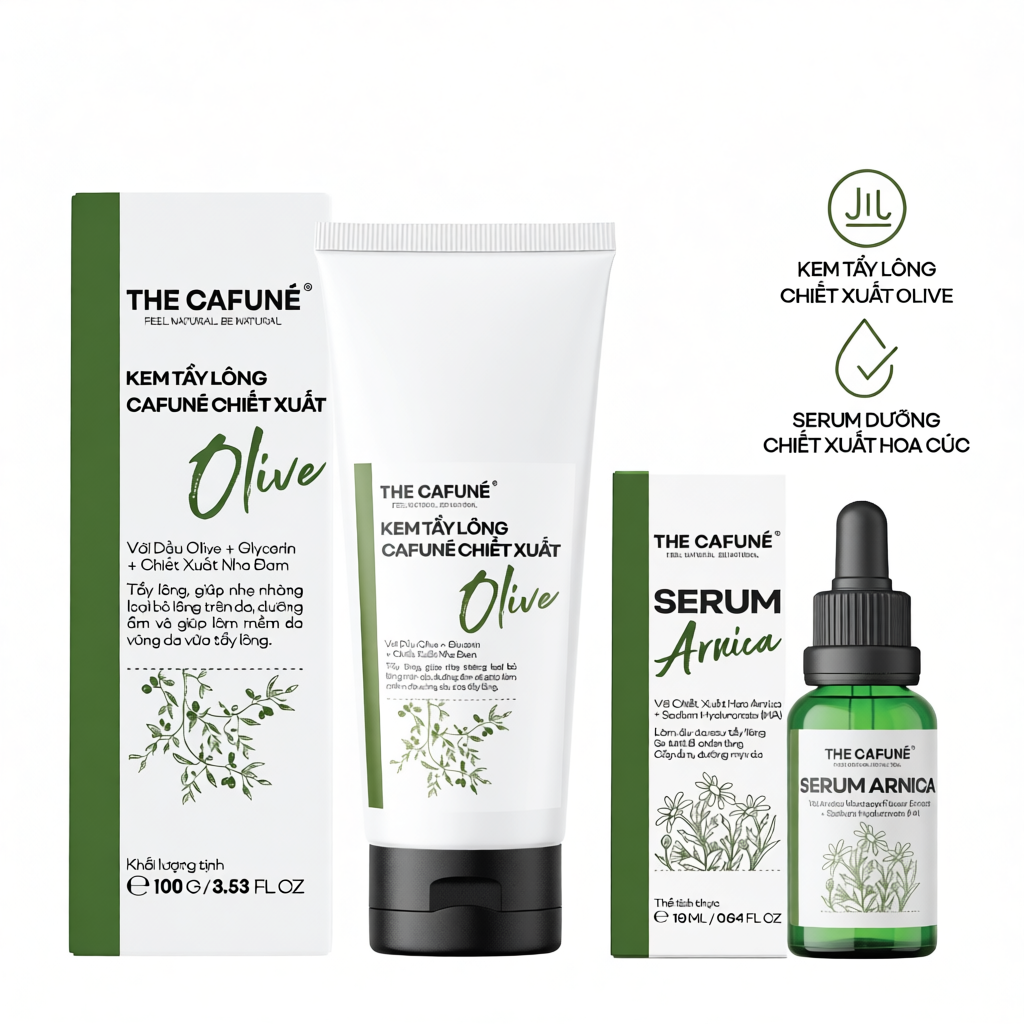 Combo Kem Tẩy Lông Olive Và Serum Dưỡng Cafuné Triệt Lông Vùng Kín, Bikini, Chân, Tay, Nách 100ml