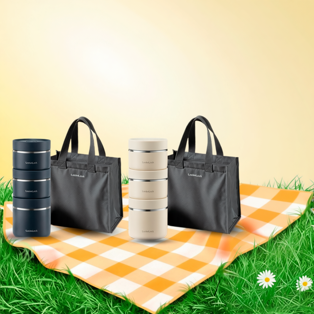 Bộ Hộp Cơm Giữ Nhiệt Văn Phòng LocknLock Lunch Box 3 Ngăn Kèm Túi Thìa Đũa LHC8052S02 T2Cmall