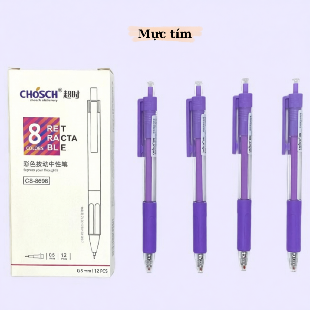  Hộp 12 cây bút viết gel nước dạng bấm CHOSCH CS-8698 ngòi 0.5mm  Tím xanh đỏ đen  