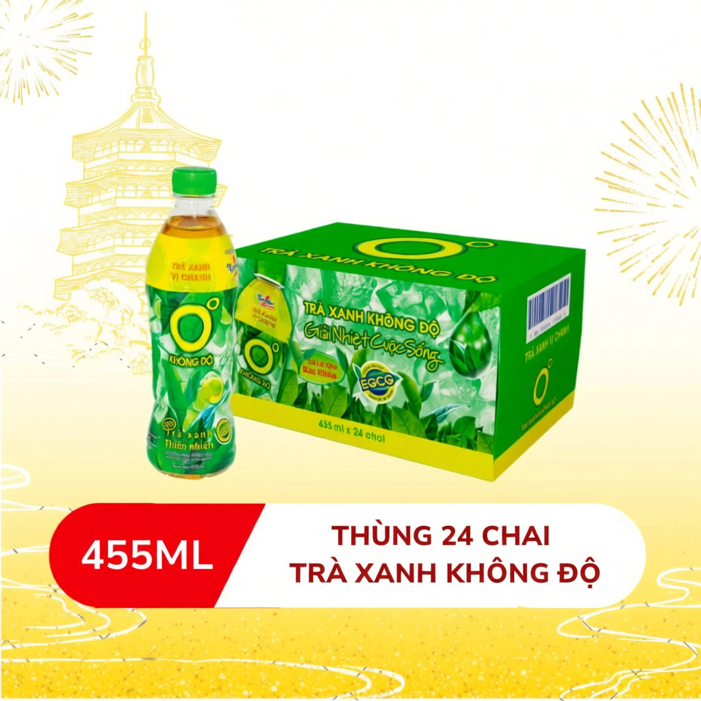 Thùng 24 chai Trà xanh Không Độ 455ml vị trà xanh tươi mát