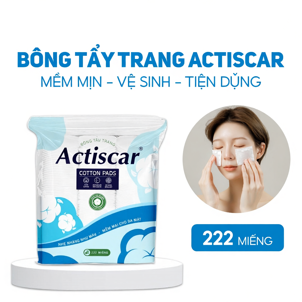 Bông tẩy trang 222 miếng cotton dai mềm, dịu nhẹ Actiscar