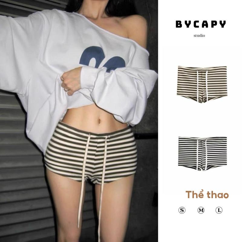 ByCapy - Quần Short Kẻ Sọc Casual Thể Thao Cạp Trễ Ôm Dáng Slim, Slay Co Dãn Phối Áo Hoddie, Sweter Có Dây Rút
