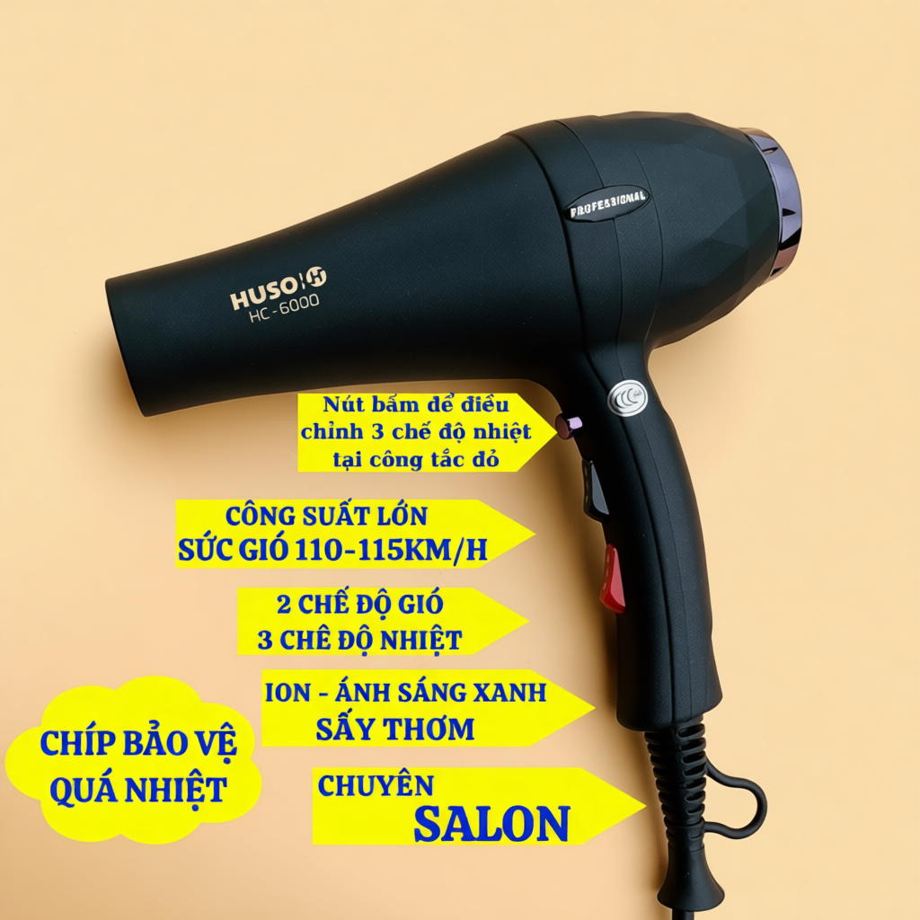 Máy Sấy Tóc HUSO Công Suất Lớn Tạo Kiểu Dành Cho Salon, 2 Chiều Nóng Lạnh, Có Ion Ánh Sáng Xanh