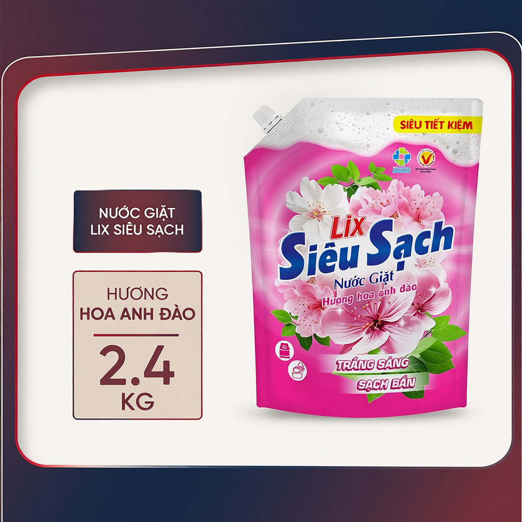 Nước giặt Lix đậm đặc hương hoa anh đào túi 2.4Kg N2503 làm sạch cực nhanh vết bẩn, tăng gấp đôi sức