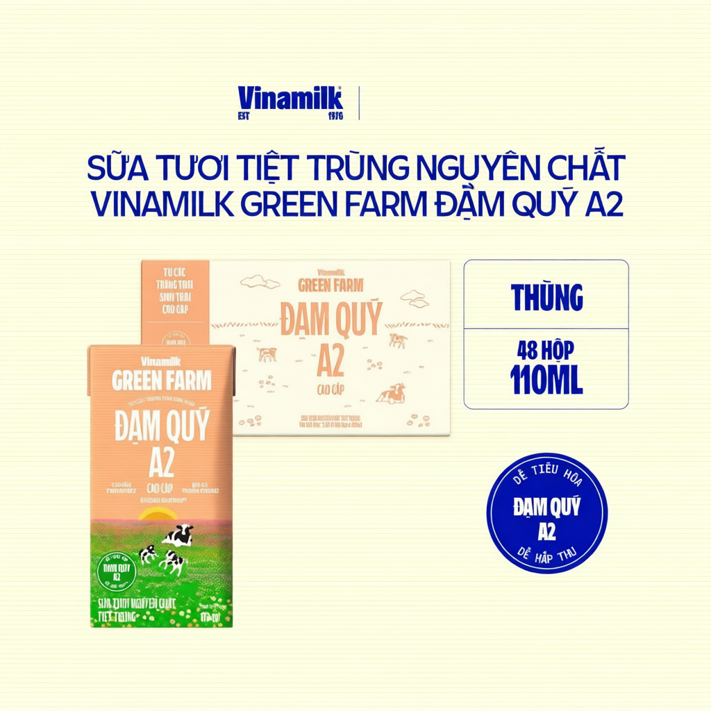 Thùng 48 hộp Sữa tươi Nguyên chất Tiệt trùng Vinamilk Green Farm A2 Không Đường 110ml