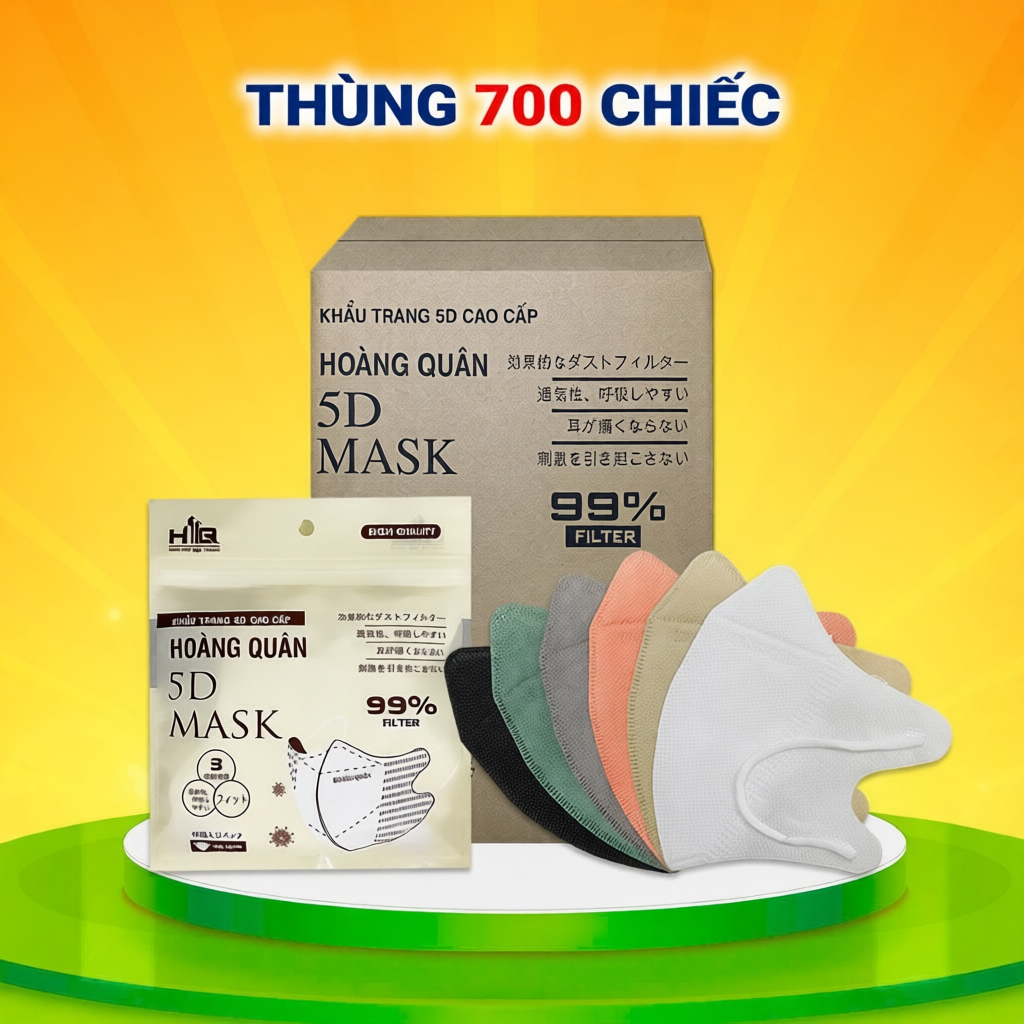 Khẩu Trang [ Thùng 700 Cái ] 5D Hoàng Quân Kháng Giọt , Bụi , Tia UV 3 Lớp Hàng Chính Hãng