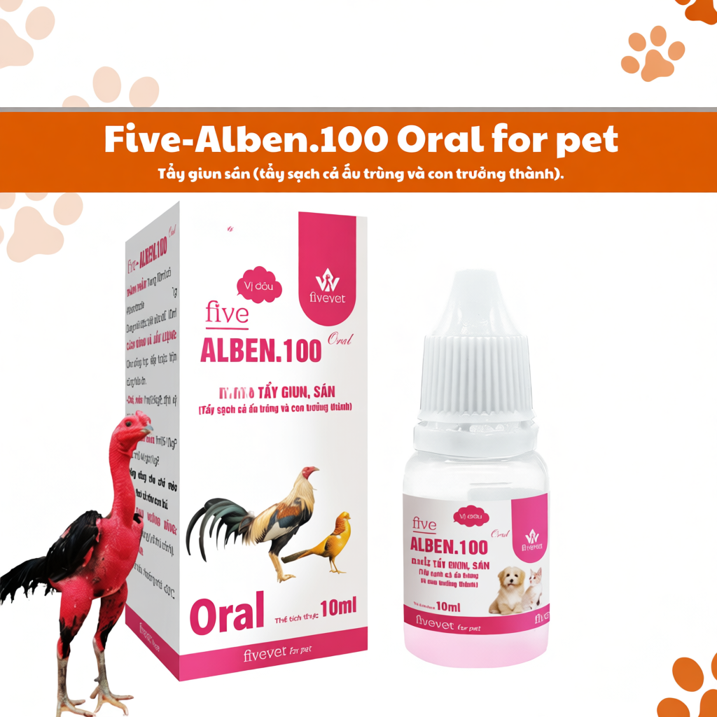 Five-Alben.100 Oral Hỗ Trợ Tẩy Sạch Giun Sán Ấu Trùng Con Trưởng Thành An Toàn Cho Gà Đá