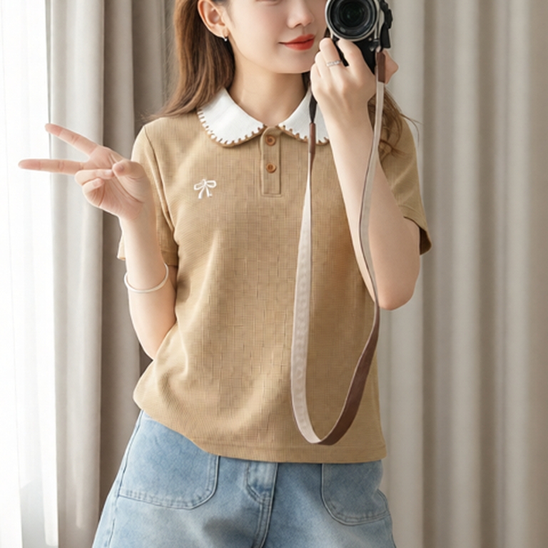 Lista Áo Polo Nữ Thêu Nơ cổ phối điệu đà - Cotton tổ ong sang trọng thanh lịch size tới 85 Kg (M18)