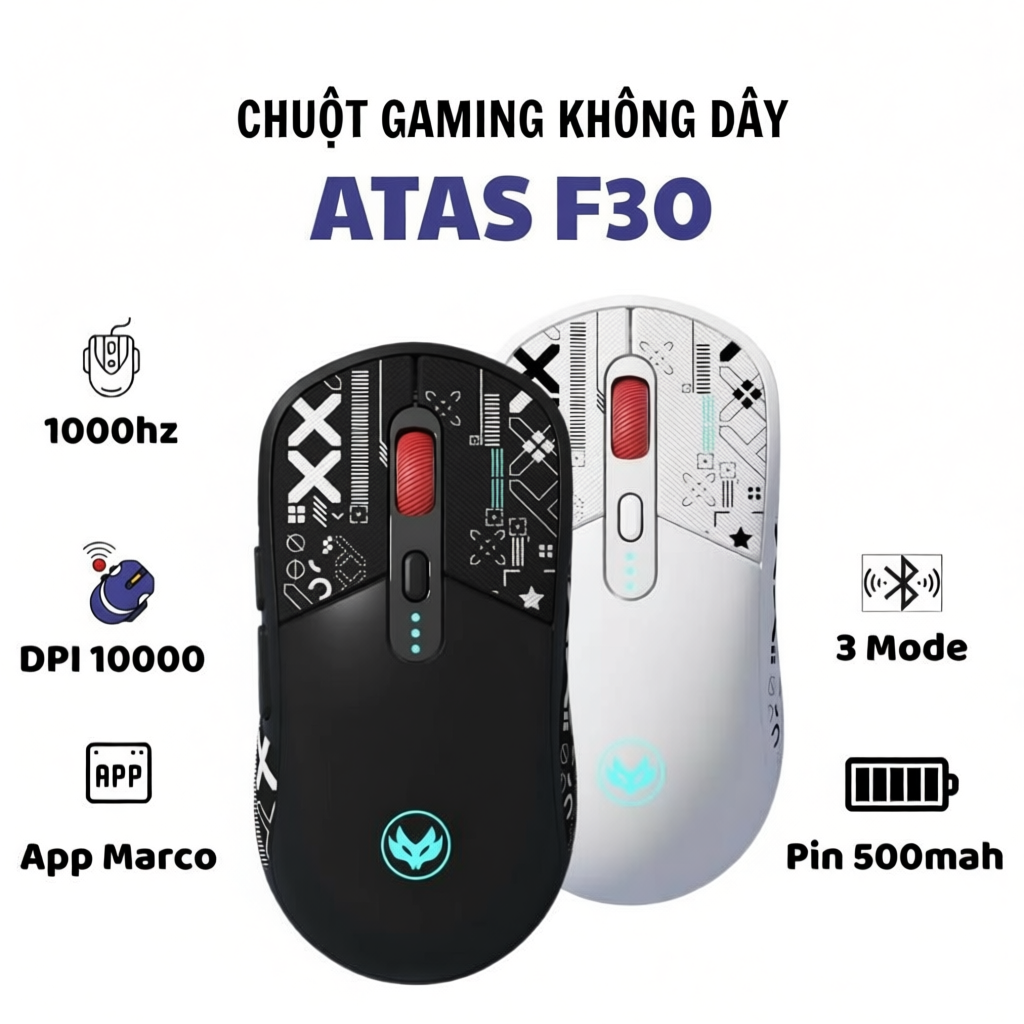Chuột Silent Gaming Atas F30 Không dây Bluetooth - 3 MODE  - Pin sạc 500mah - Sử dụng liên tục 50h -