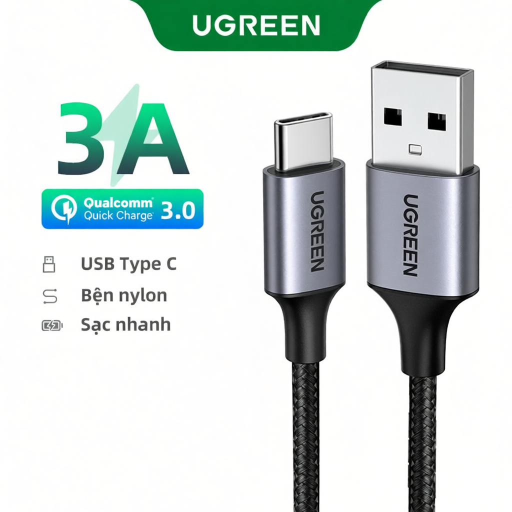 Cáp sạc nhanh UGREEN 3A 18w Type-C USB-C nylon bện thích hợp cho Redmi Xiaomi 13 12 Pro Samsung gala