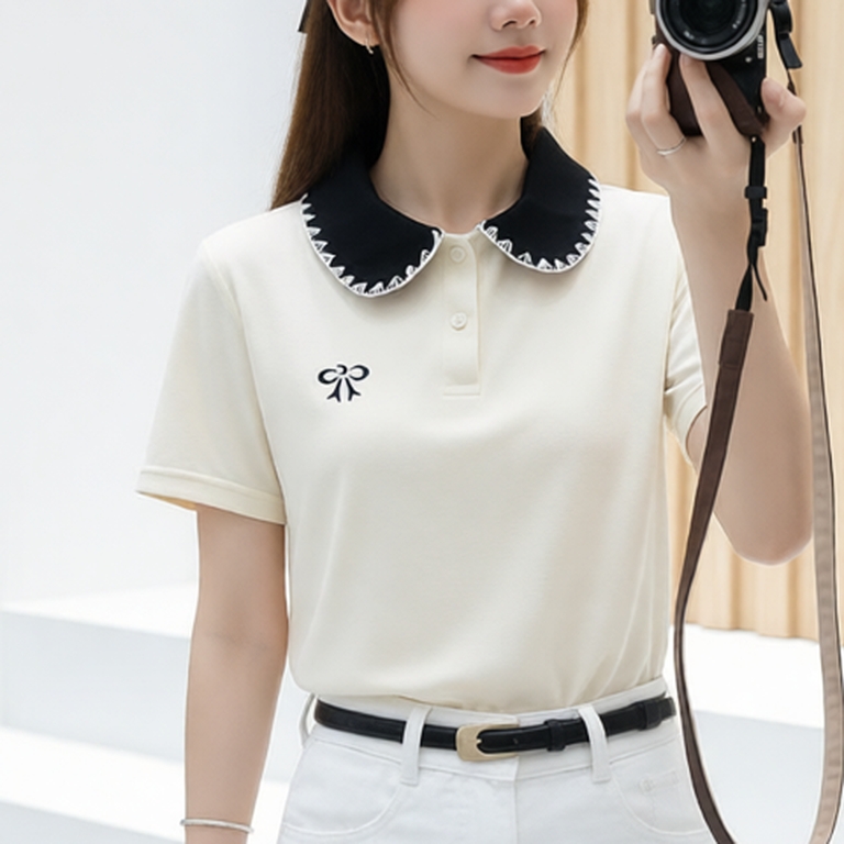 Lista Áo Polo Nữ Thêu Nơ cổ phối điệu đà - Cotton tổ ong sang trọng thanh lịch size tới 85 Kg (M18)