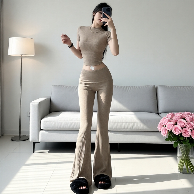 S332 - Set Đồ Nữ Quần Ống Loe Cạp Trễ + Áo Tay Ngắn Cổ Tròn - Ngọc Lucie