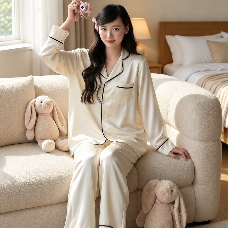 MB-SET-015 Maybee.Homedress Bộ Ngủ Dài Tay Trơn Viền Né, Dáng Rộng – Vải Đũi Mềm Mịn, Thoải Mái