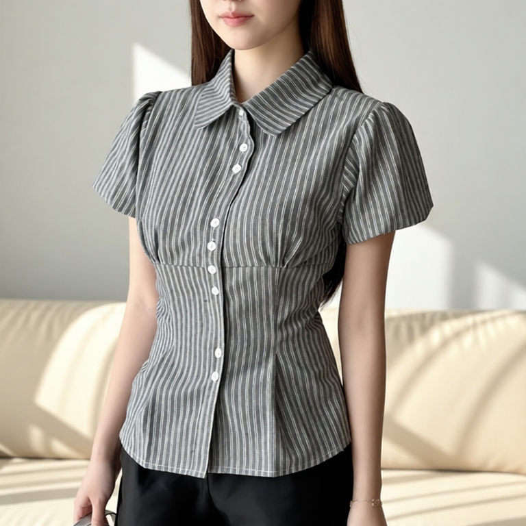 Áo kiểu babydoll kẻ chiết eo Miho House