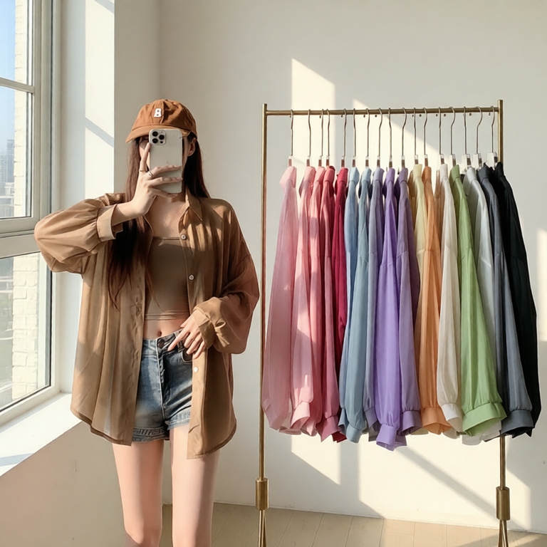 Áo sơ mi khoác ngoài mỏng đi biển oversize nhiều màu, Áo khoác đi biển voan tơ giấy trong suốt