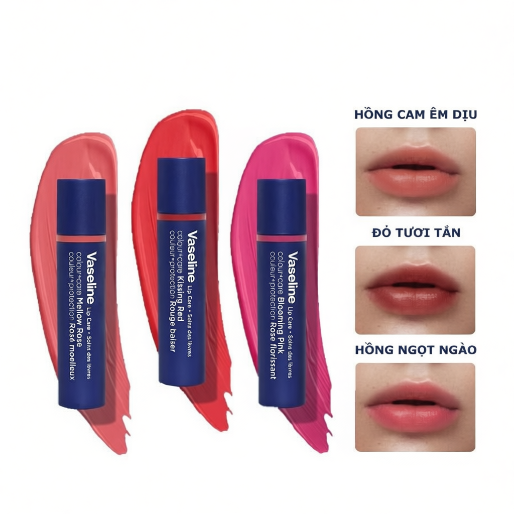 Son dưỡng môi Vaseline Colour+Care 3g (Mellow Rose/Kissing Red/Blooming Pink)