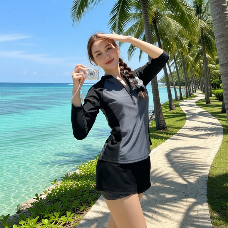 Set Đồ Bơi Nữ 2 Mảnh BKN083 Tay Dài Khóa Kéo Quần Đùi 2 Lớp Kín Đáo Chống Nắng Phong Cách Thể Thao