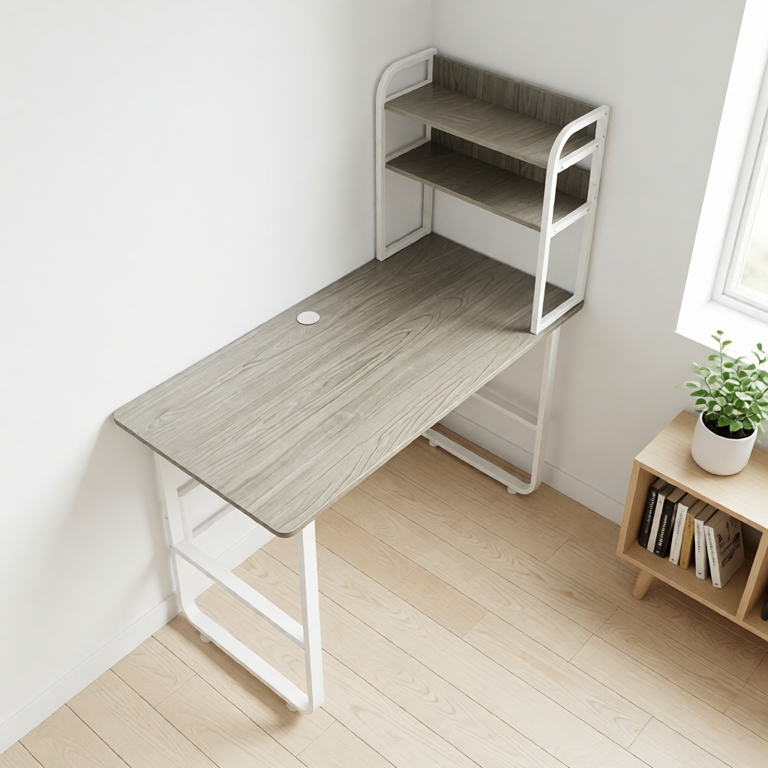 Bàn Học U Cong Có Kệ Sách – Mặt Gỗ MDF 15mm – Khung Thép Sơn Tĩnh – Bền Đẹp, An Toàn Cho Bé