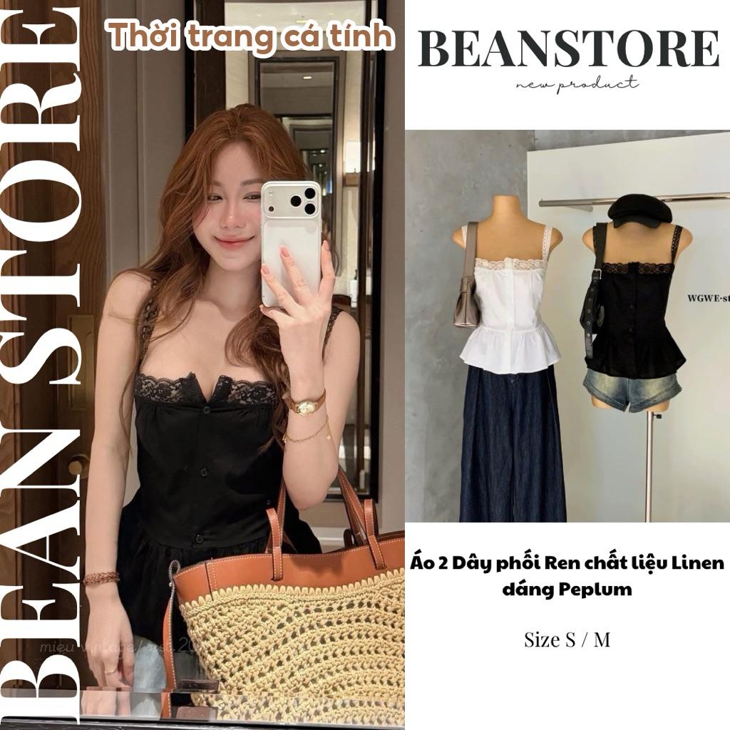 Áo Hai Dây Phối Ren dáng Peplum chất liệu Đũi Linen mềm mại dây buộc Nơ phong cách Vintage