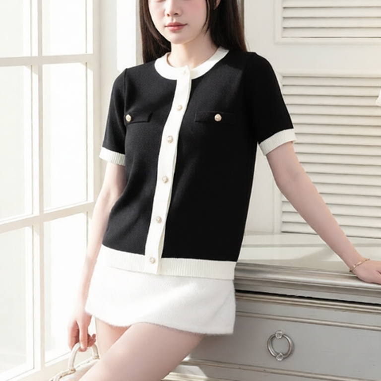 HTIQUE - SOFT SEASON mở bán Áo len dệt kim hai màu, Áo len dệt kim kiểu nữ phối viền trang nhã nhẹ nhàng LA45