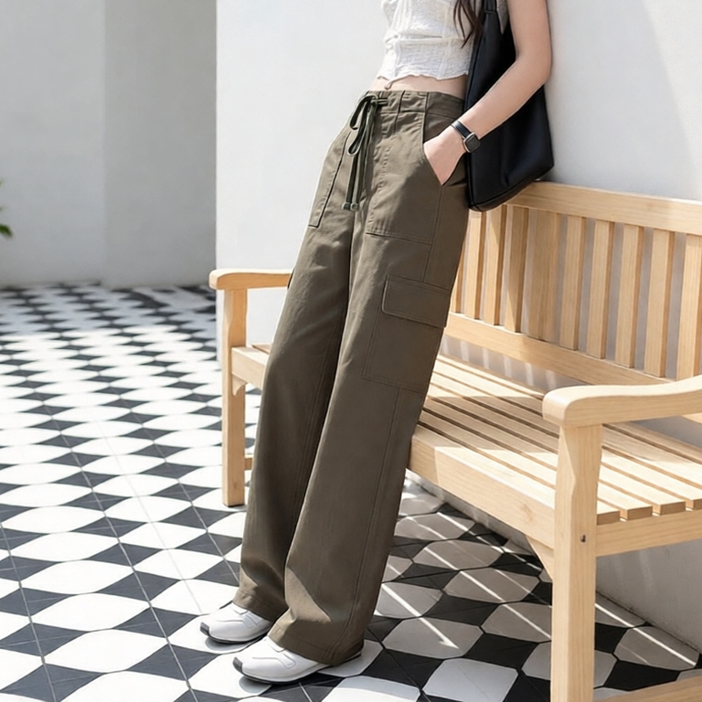 Quần Kaki Túi Hộp Nữ Ống Suông Lưng Cao Quần Túi Hộp Gió Ống Rộng Nữ Bo Gấu Cạp Chun Sau M286&399