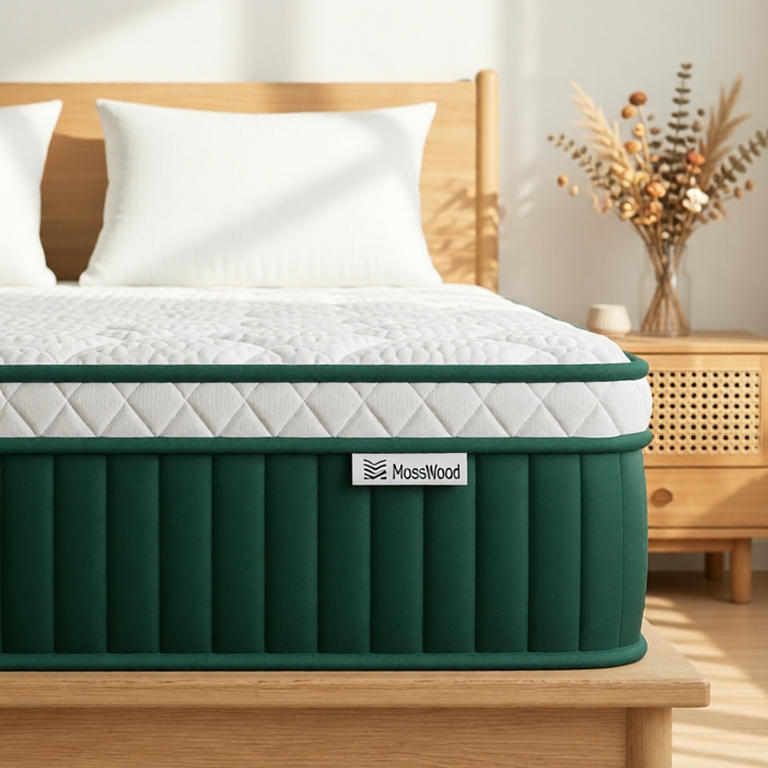 Nệm lò xo MOSSWOOD sử dụng vải lụa mát lạnh và mút hoạt tính bạc hà, thoáng khí và thoải mái, đáy nệm chống trượt