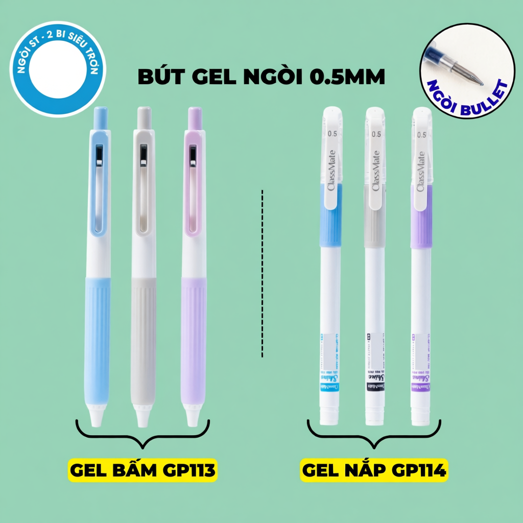 Bút Gel Bấm Classmate Bút Nước Ngòi 0.5mm Mực Xanh Đen Tím Nhanh Khô Bút Gel Có Nắp Shine Ghi Chép B