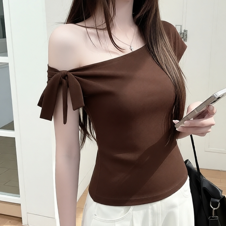 Áo thun nữ trễ vai DAZZI ôm body thiết kế thắt nơ vai chất cotton mịn A033