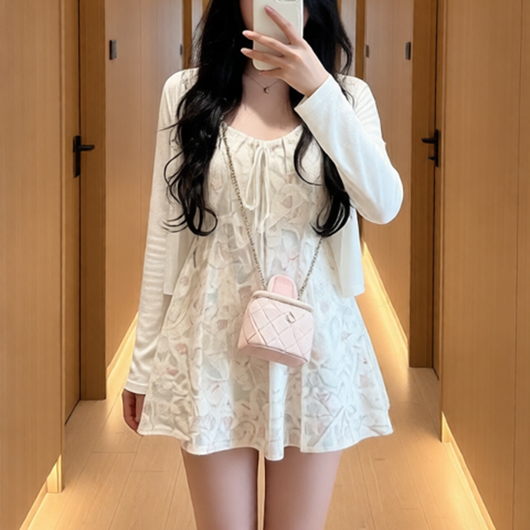 [Hàng Chuẩn QC] Set váy hai dây babydoll hoa lá hồng kèm áo cardigan mỏng khoác ngoài siêu xinh A5664